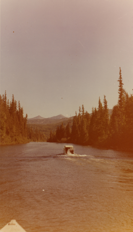 A boat moves down a river surrounded by dense pine trees, with distant mountains visible on the horizon.