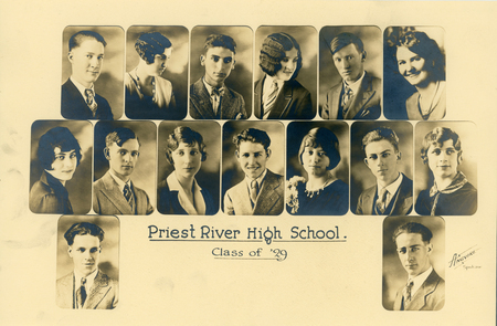A collection of individual portraits depicting students from "Priest River High School, Class of '29." The arrangement includes several young men and women, each dressed in formal attire typical of the era. Their hairstyles and clothing reflect the fashion of the late 1920s. Text reads: "Priest River High School" near the bottom center. - "Class of '29" underneath the school name. - "ANGVINE" and "Spokane" in the bottom right corner near the lower right portrait.
