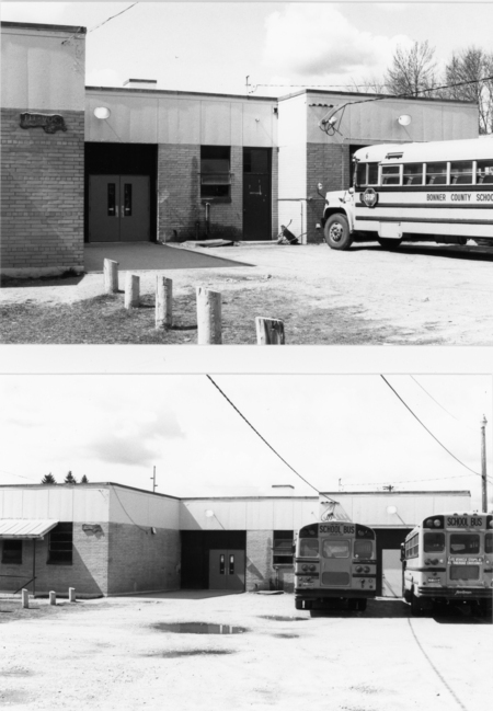 The image shows two scenes of a school building with school buses parked nearby. In the first scene, a single bus is positioned on the right side near the entrance. In the second scene, two buses are parked in front of the building, which has multiple entrances and a flat roof. There are utility poles and wires visible, with some trees in the distance. Top Image: A sign on the building reads: "HER..." The bus reads: "BONNER COUNTY SCHOOL" Bottom Image: The front of the two buses each have the word: "SCHOOL BUS" A small sign on one bus reads: "...USE WITHOUT STEPS..." The bus has the word "American" along the bottom edge.