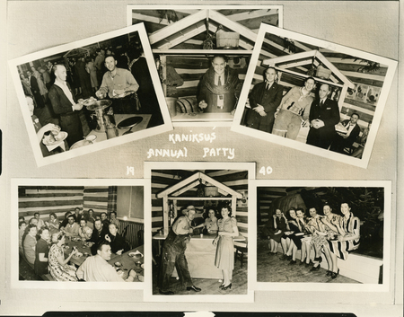 A collage of five images depicting a gathering. In one image, men serve food from a table. In another, a group of people, mostly women, sit at a long table with drinks. A few men in suits stand together, posing for the camera. Another image shows a man and a woman standing near a small wooden structure. The last image features a group of women sitting on a bench, smiling. The words "Kaniksus Annual Party" and the year "1940" are written on the page.