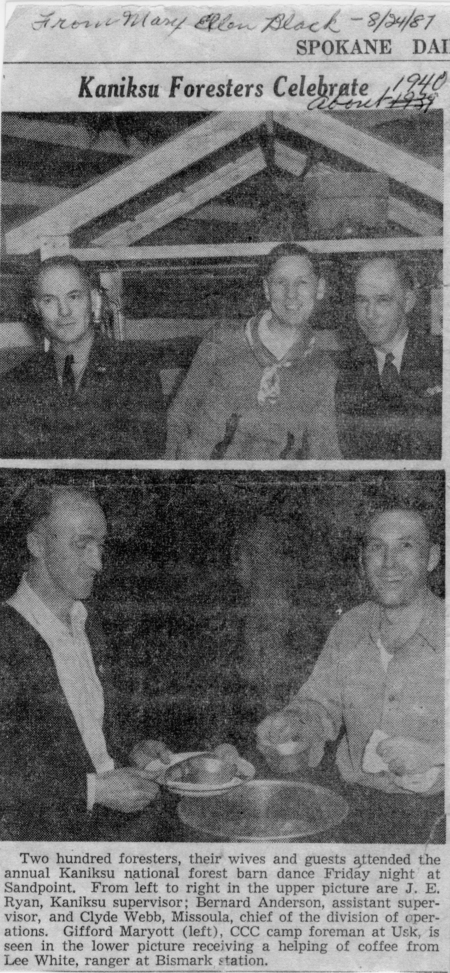 Three men seated together in what appears to be a social gathering. Below, two men are engaged in serving coffee, with one pouring a cup for the other. The scene includes beams or rafters above the group in the first part. A caption below describes a forest service event. Text reads: "Two hundred foresters, their wives and guests attended the annual Kaniksu National Forest barn dance Friday night at Sandpoint. From left to right in the upper picture are J.E. Ryan, Kaniksu Supervisor, Bernard Anderson, Assistant Supervisor, and Clyde Webb, Missoula, Chief of the division of operations. Gifford Maryott (Left), CCC camp foreman at Usk, is seen in the lower picture receiving a helping of coffee from Lee White, Ranger at Bismark Station."