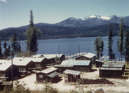 Buildings with metal roofs situated by a lakeside, surrounded by trees, with mountains visible in the background.