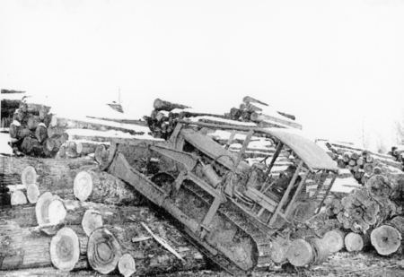 A bulldozer is positioned on a large pile of cut logs. Several logs are scattered around, and stacks of logs are visible in the background.