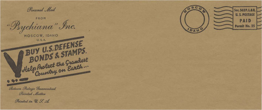 Blank envelope from Psychiana with an advertisement to buy U.S. Defense bonds & stamps.