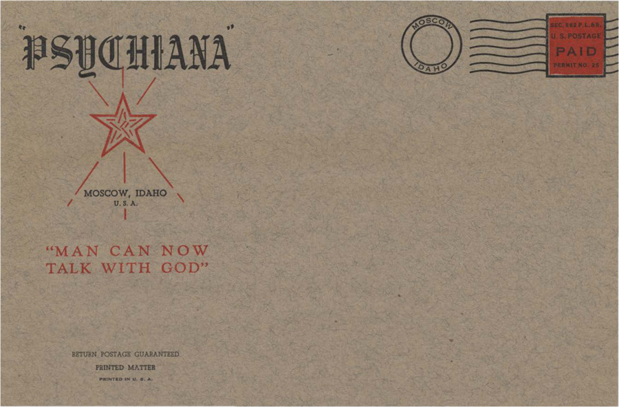 Blank envelope from Psychiana featuring an illustration of a star and the quote 'MAN CAN NOW TALK WITH GOD'