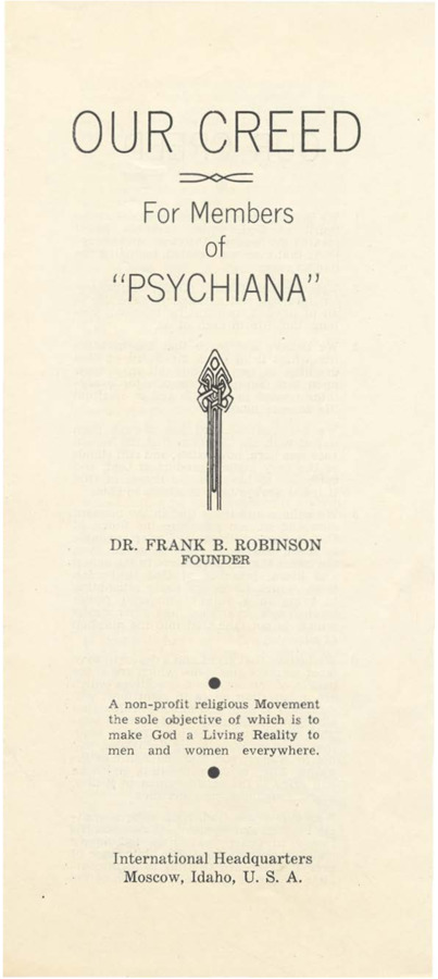 Letter from Psychiana outlining the creed of the Psychiana movement, a self described non-profit religious movement to make God a living reality.