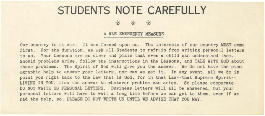 A note for Psychiana students urging them to not write personal letters during the war. The text implies that the lessons are so easily understood that the students shouldn't have questions about them.