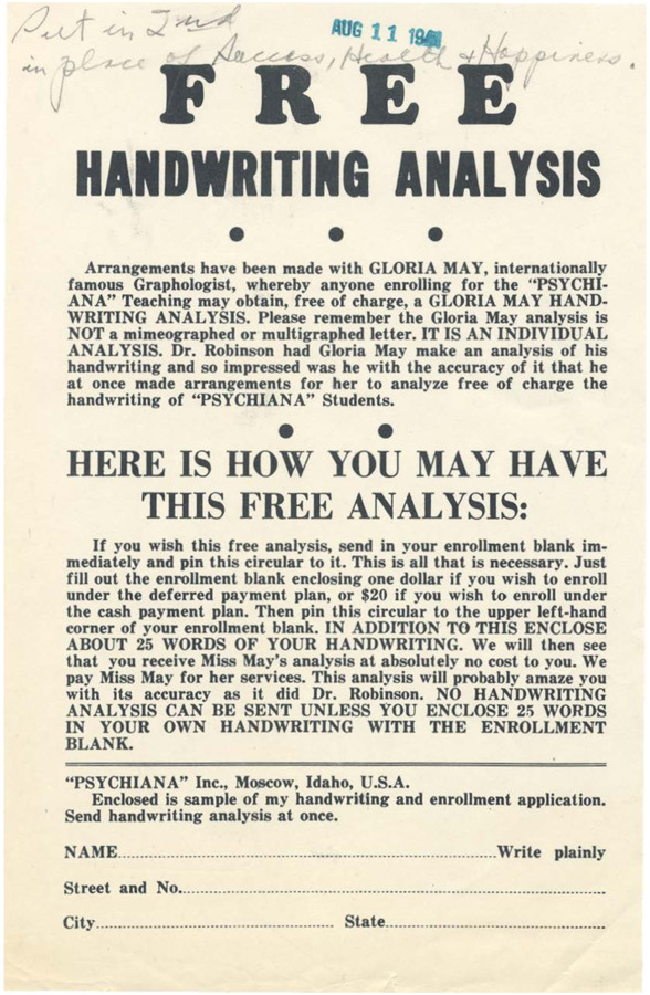 Flyer from Psychiana featuring a blank form for the reader to send in. The flyer is offering free handwriting analysis to anyone who enrolls in Psychiana.