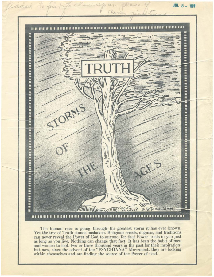 Flyer from Psychiana featuring an illustration of a tree. The text discusses the apparent storm affecting the human race and the resilience of truth to the storm.