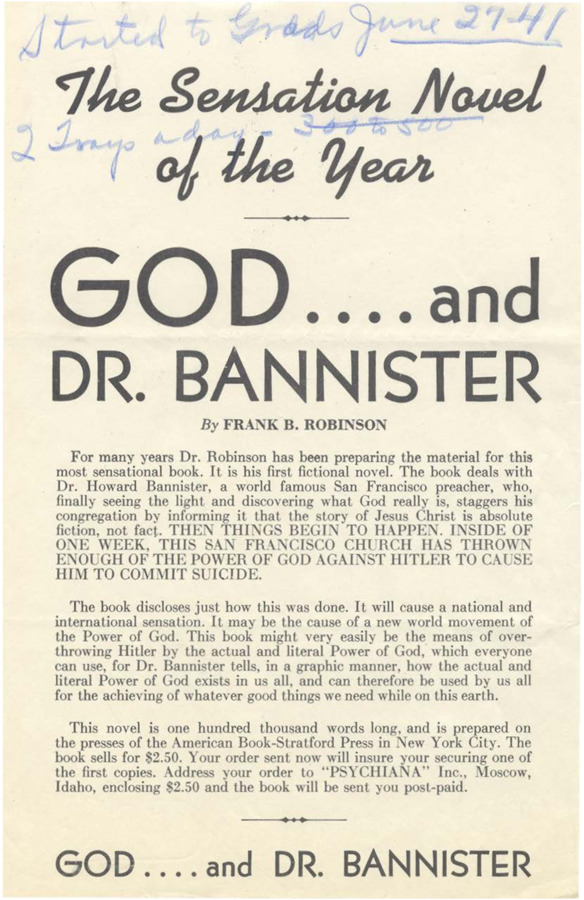 Advertisement for a book by Frank B. Robinson titled 'God and Dr. Bannister.'