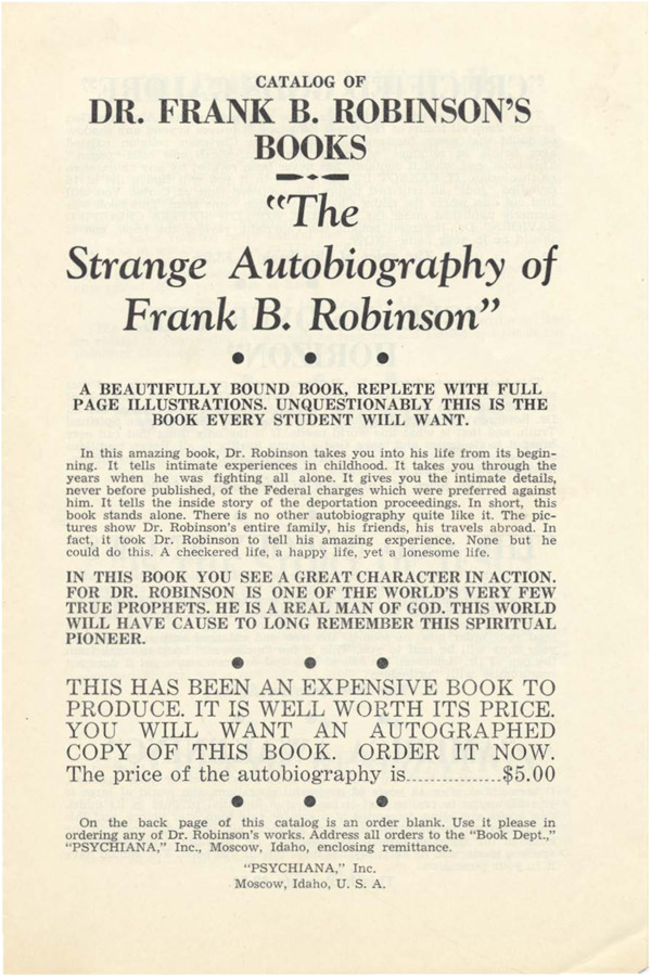 An advertisement for Frank B. Robinson's newest book 'The Strange Autobiography of Frank B. Robinson,' and a list of the books by Frank B. Robinson available for purchase.