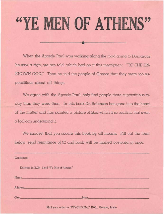 An order form to purchase one of Frank B. Robinson's books.