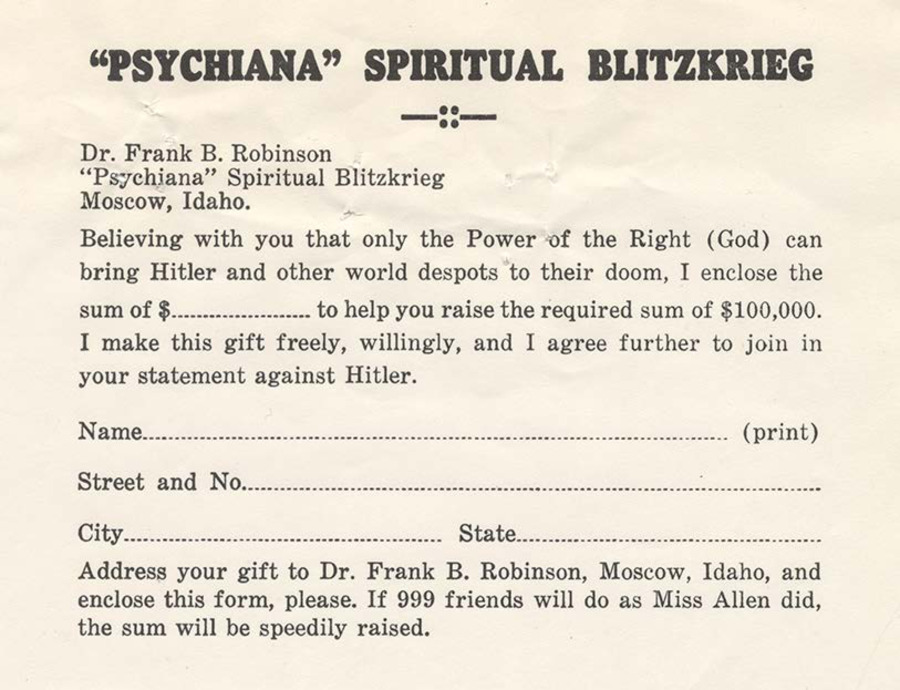 Pledge card asks for donations to fund the 'Spiritual Blitzkrieg,' a campaign to use the God-Power against Hitler.