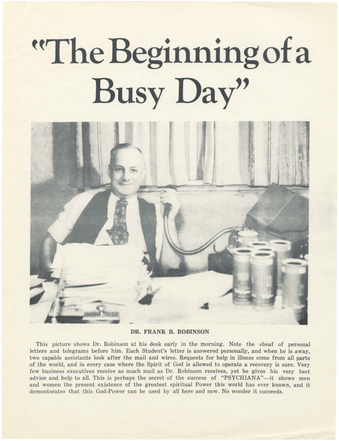 A flyer depicting Frank B. Robinson at his desk behind a stack of papers.