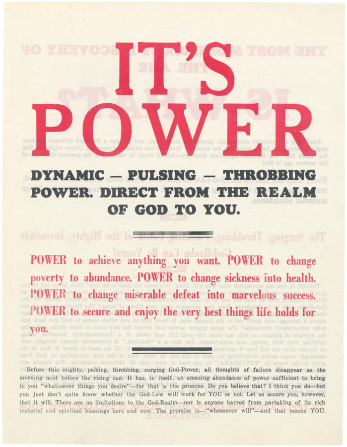 A flyer advertizing the dynamic, pulsing, throbbing power of God available through Psychiana.