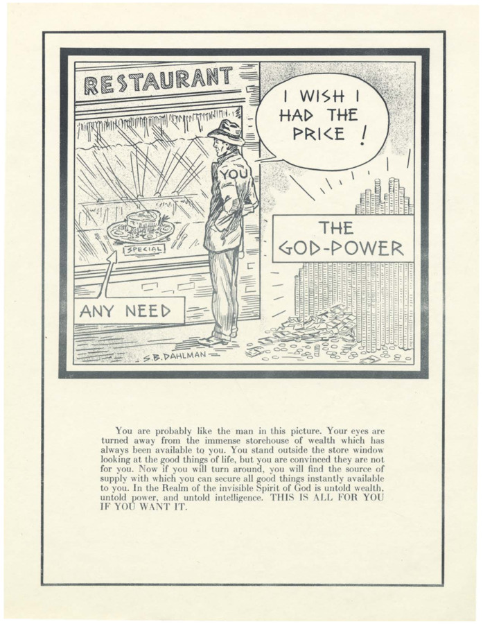 A flyer featuring an untitled illustration of a man standing outside of a restaurant, looking hungrily at food he cannot afford to buy.