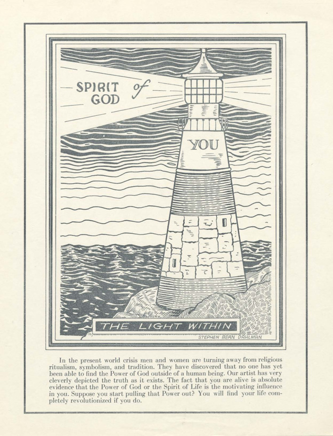 A flyer featuring an illustration of a lighthouse on the coast representing the light of God within the viewer.