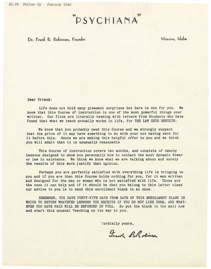 Untitled form letter from Frank B. Robinson asking the recipient to send in an enrollment application.