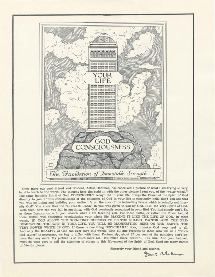 Flyer featuring an illustration of a tower upon a hill of stones.
