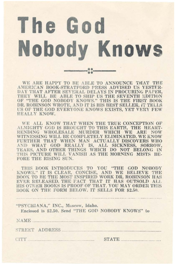 A flyer announcing the release of one of Frank B. Robinson's books, with a form to purchase it.