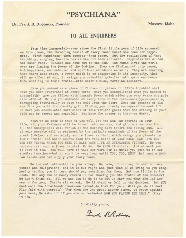 A form letter from Frank B. Robinson to enquirers about Psychiana discussing the desire for happiness.
