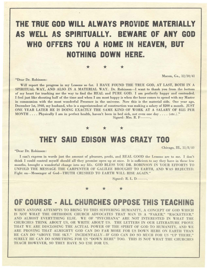 A flyer featuring testimonial letters and a reassurance that other churches will oppose the teachings of Psychiana.