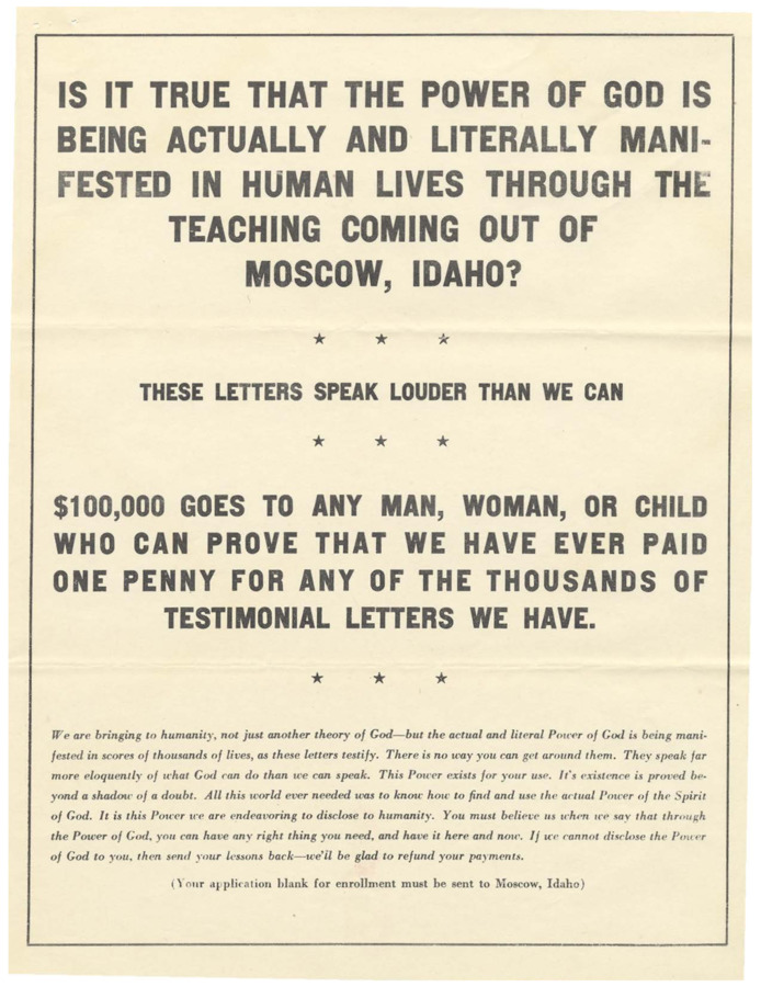 Flyer offering $100,000 to anyone who can prove that the testimonial letters were paid for and urging the reader to enroll.