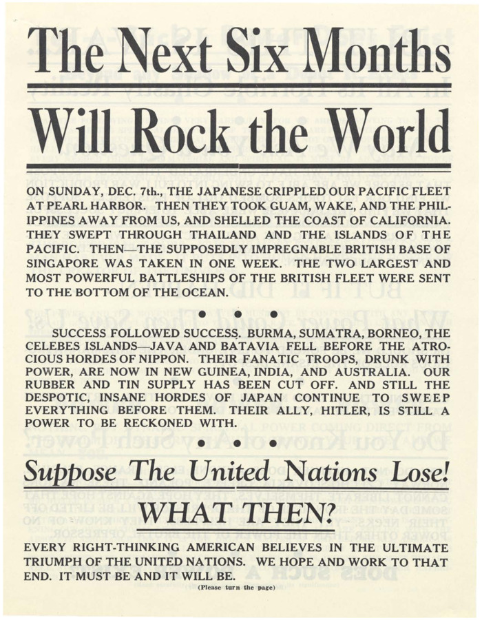 A flyer discussing the second world war and the possibility of the United Nations losing.