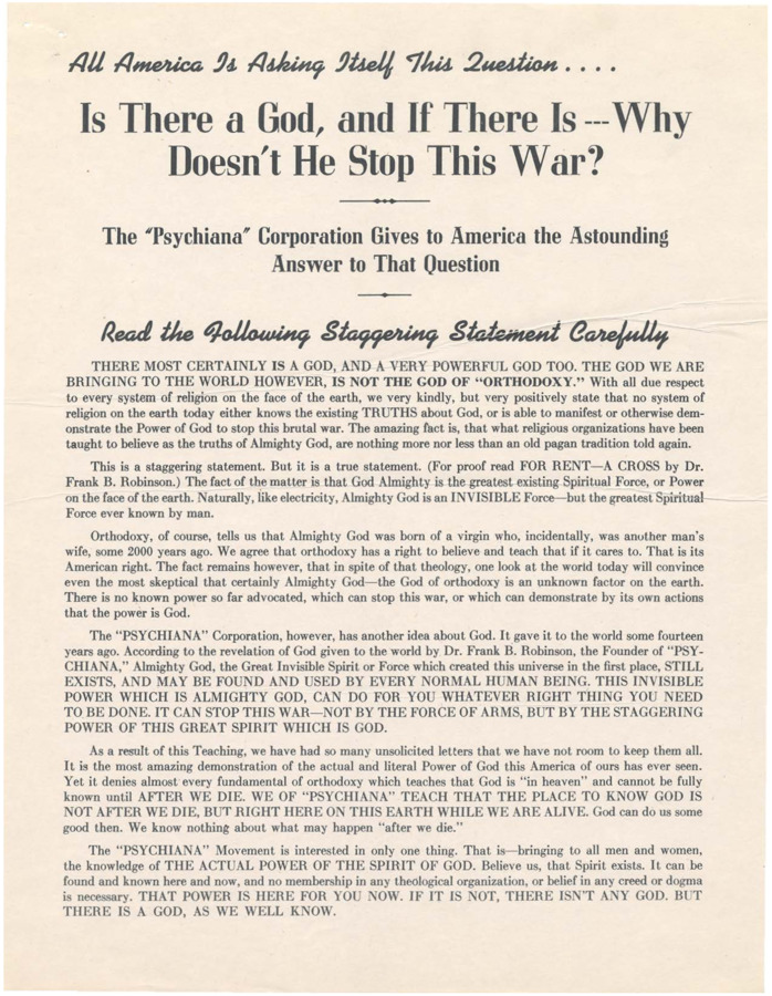 A flyer discussing the war, why God won't stop the war, and the power of God.