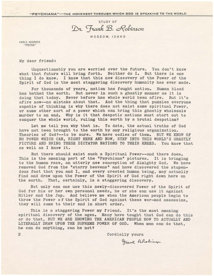 A form letter from Frank B. Robinson addressing fear about the war and the tremendous Spiritual Power available through Psychiana.