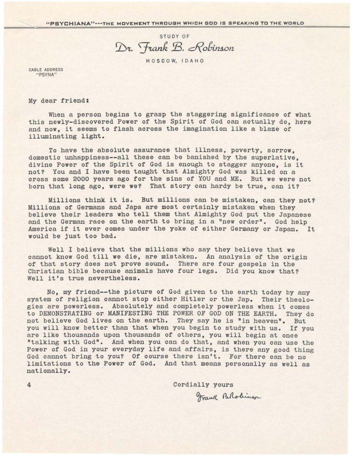 A form letter from Frank B. Robinson addressing the spirit of god and the war.