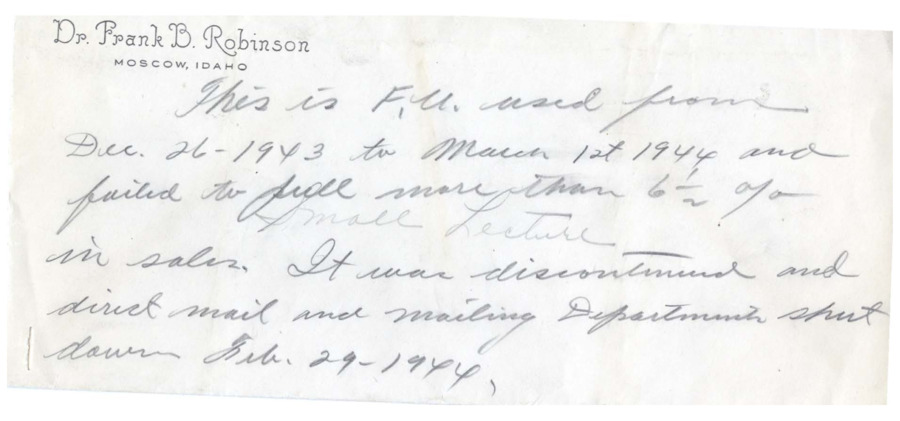 A handwritten note on an envelope. The note seems to imply that after a poor turnout at a lecture the direct mail and mailing department was shut down in 1944.