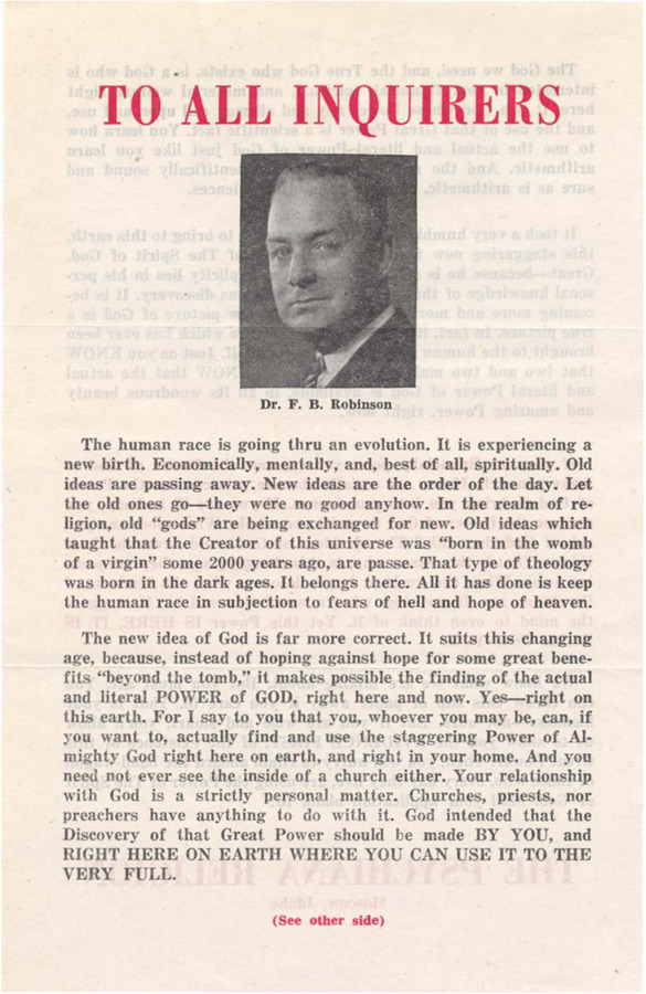 A flyer from Psychiana featuring a portrait of Frank B. Robinson addressing the new idea of God.