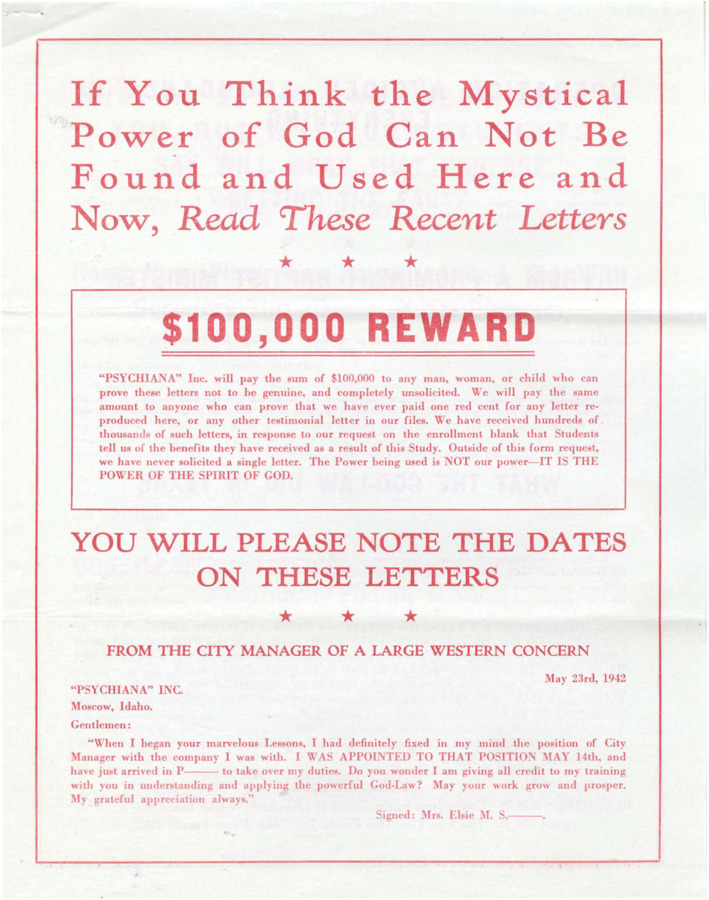 A flyer of testimonial letters. The flyer offers a $100,000 reward for anyone who could prove the letters to be false.