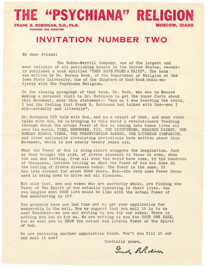 A form letter from Frank B. Robinson addressing the popularity of Psychiana and recent press coverage of the movement.