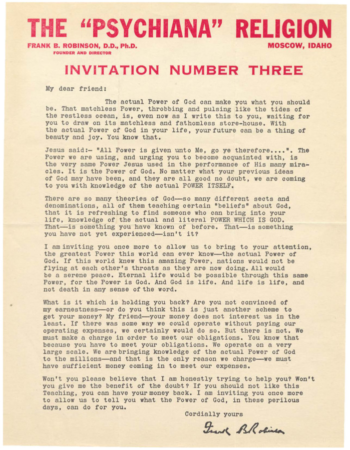 A form letter from Frank B. Robinson encouraging the reader to send in their application form.