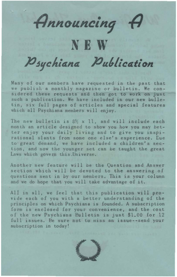 Advertisement announcing a new Psychiana publication: a new bulletin that will feature Q&A and articles on daily living and inspiration.
