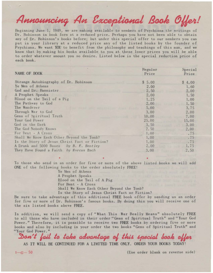 Advertisement for special bargain on all of Robinson's books. Includes order form.