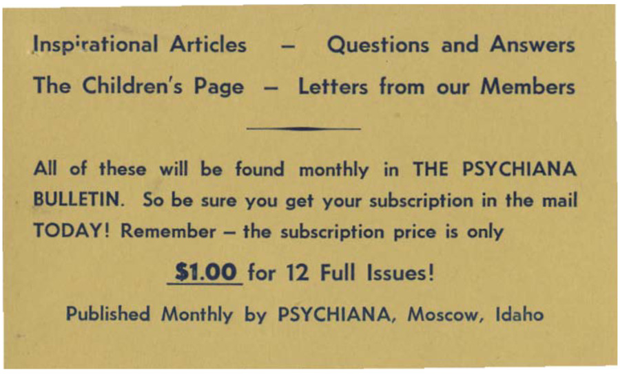 Small ordering card for the Psychiana Bulletin.