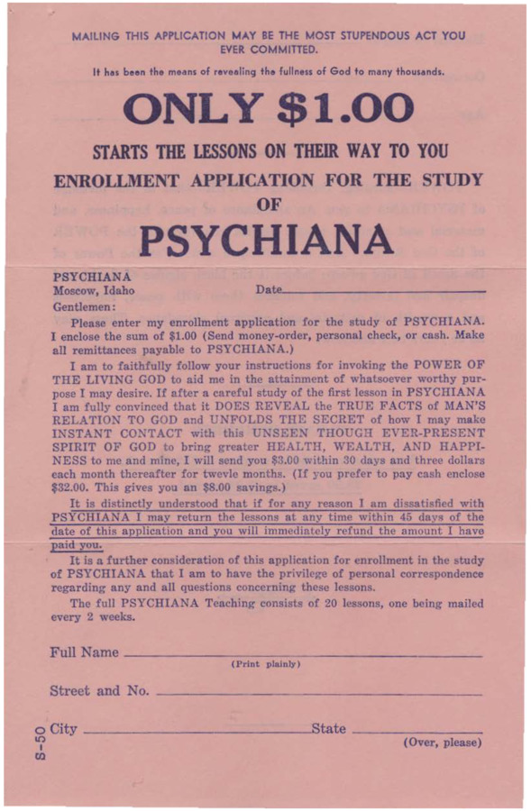 Another iteration of the application form for Psychiana lessons.