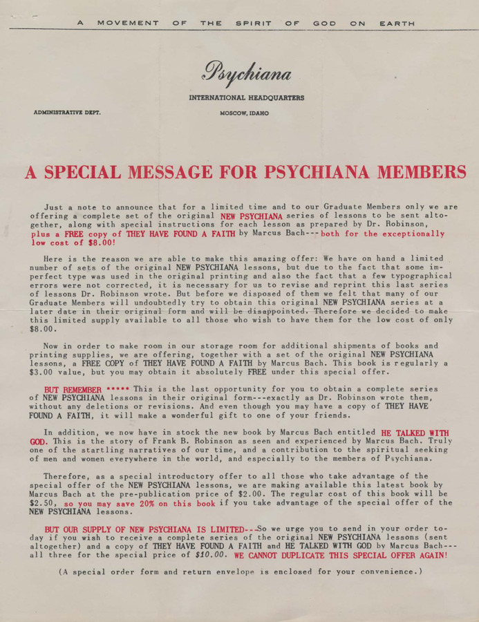 Form letter/flyer with information regarding special book offers when purchasing the 'original new' Psychiana lessons.