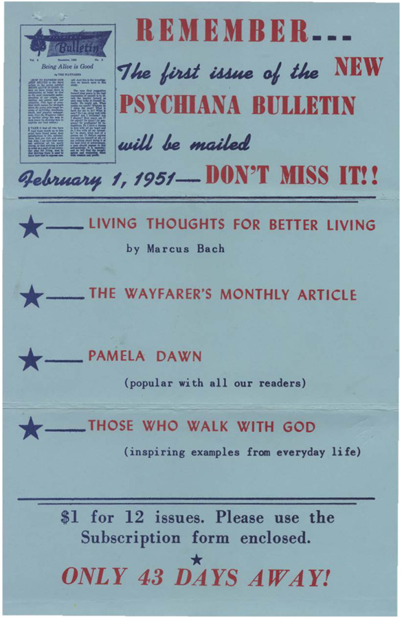 Single-page flyer reminding reader of the imminent release of the Psychiana Bulletin. Includes order card.