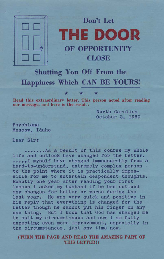 Single-page flyer advertising the series of Psychiana lessons. Uses metaphor of 'the door of opportunity.'