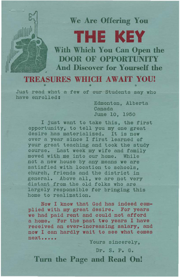 Flyer and attached application utilizing the metaphor of the 'door of opportunity,' stating that Psychiana is the 'key.' Includes application form.