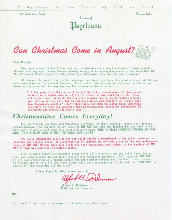 Form letter in red and green font regarding the possibility of year-round goodwill, suggesting that 'Christmastime' could 'come everyday' [sic].