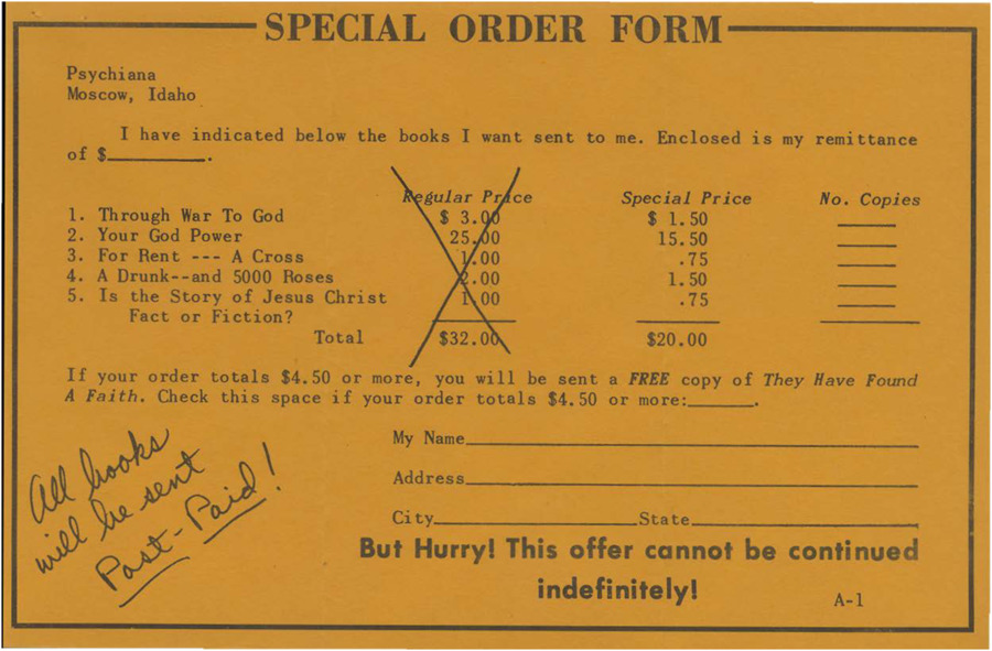 A blank form to purchase Frank B. Robinson's books.