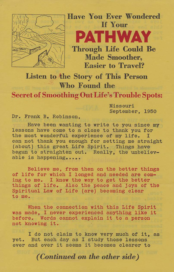 A flyer featuring a testimonial letter from a Psychiana student.