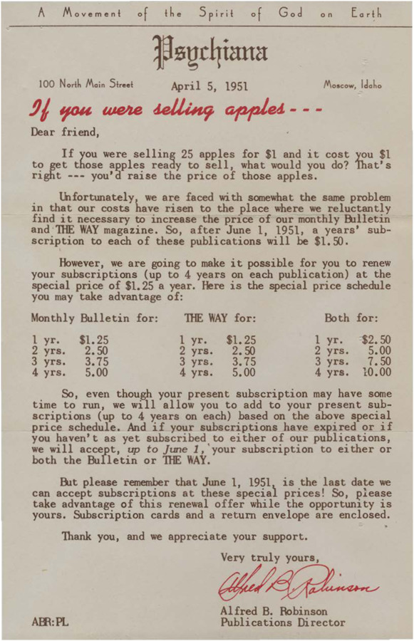 A form letter from Alfred B. Robinson informing the reader of the increase in monthly subscription cost for the Monthly Bulletin and THE WAY newsletter.