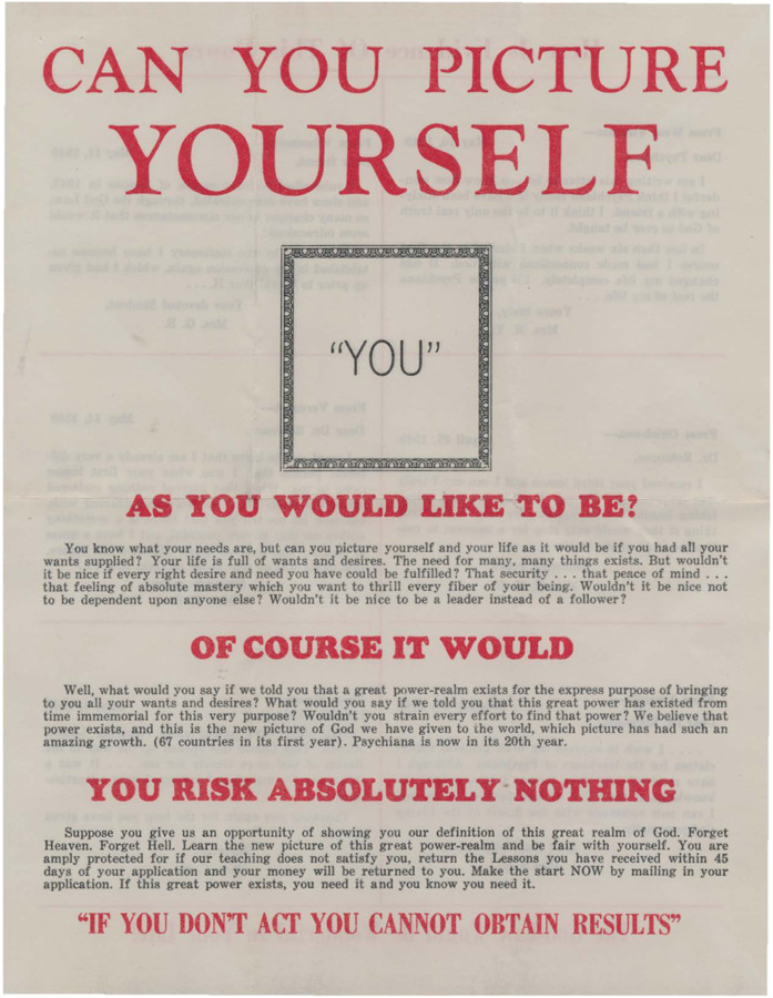 Single-page flyer with an illustration of a picture frame with the word 'YOU' centered within it. Text follows regarding the ways in which Psychiana can make the reader into a person he wants to be. Testimonials follow on the back.