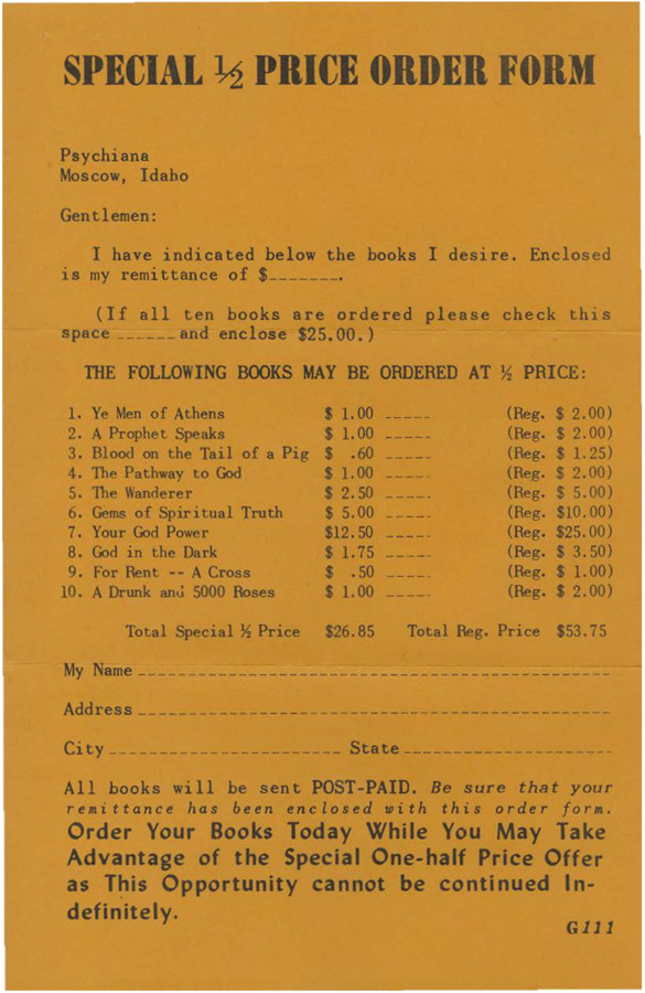 A order form with a special offer to purchase Frank B. Robinson's books.